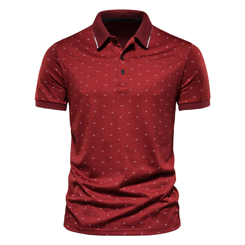 Summer new casual slim European and American men's fashion anchor print short-sleeved lapel T-shirt