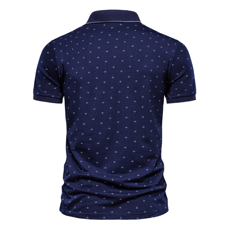 Summer new casual slim European and American men's fashion anchor print short-sleeved lapel T-shirt